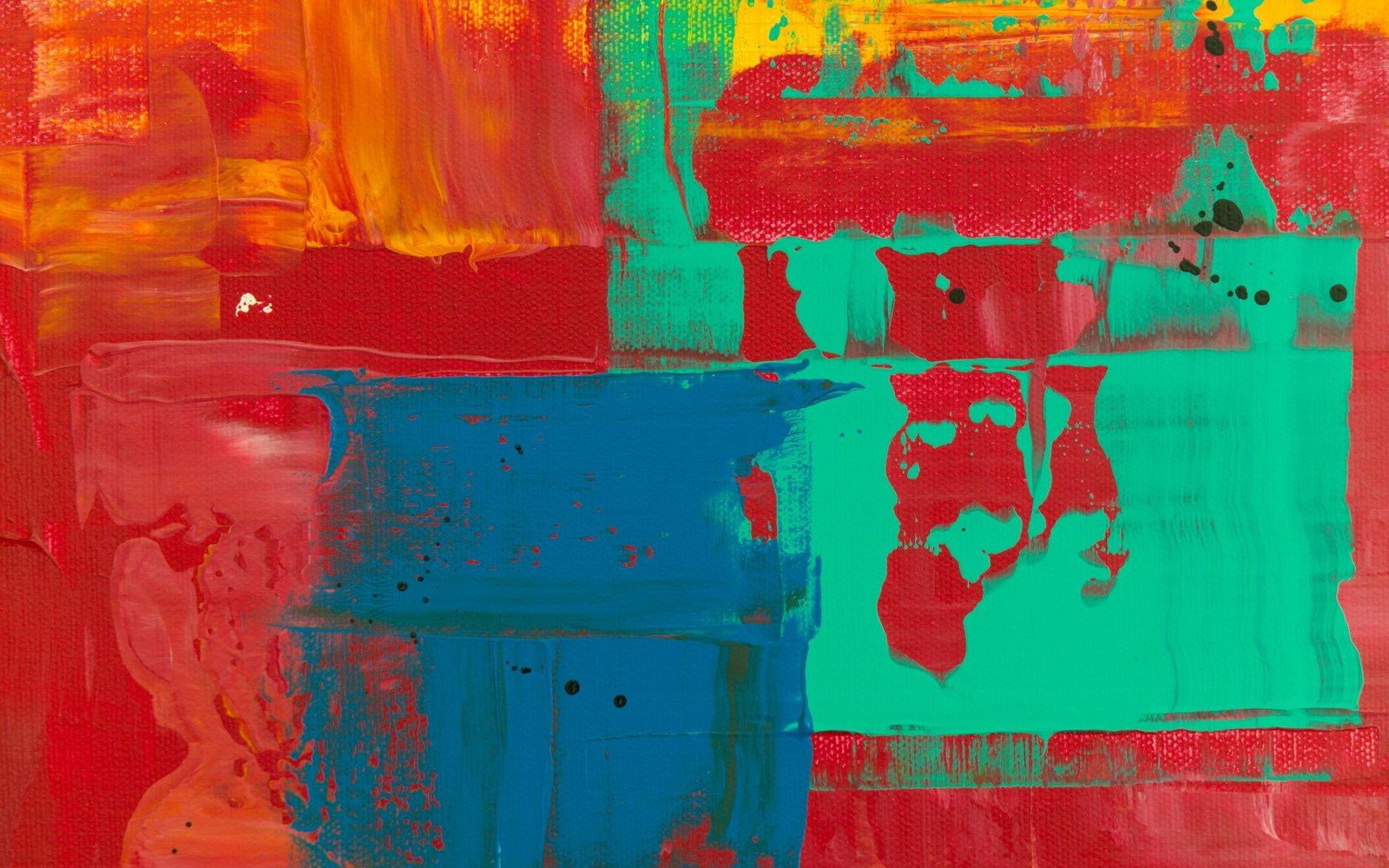 Abstract painting with bold blocks of red, teal, blue and orange paint