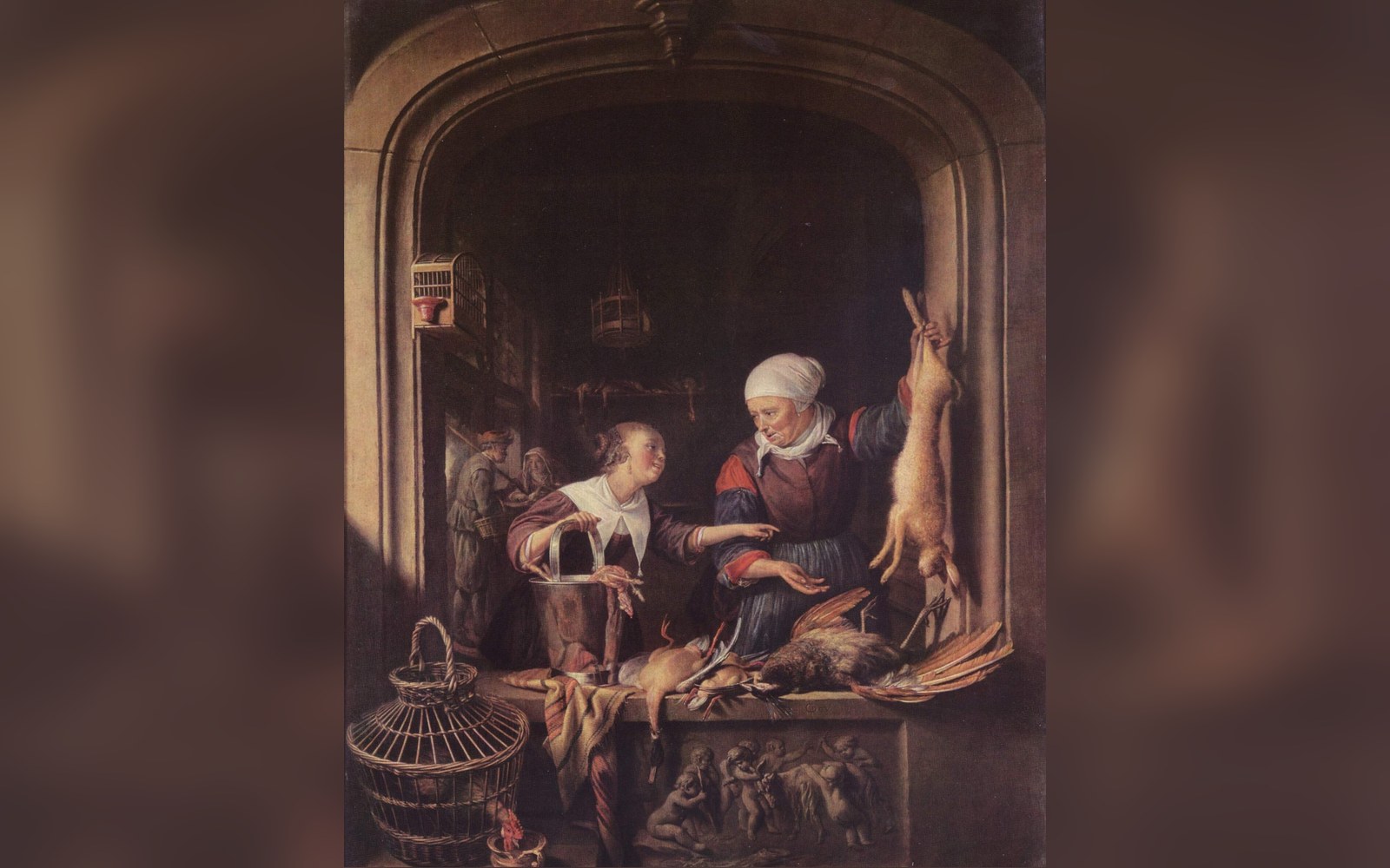 Old master painting of two women at a market stall with hanging game birds and a hare