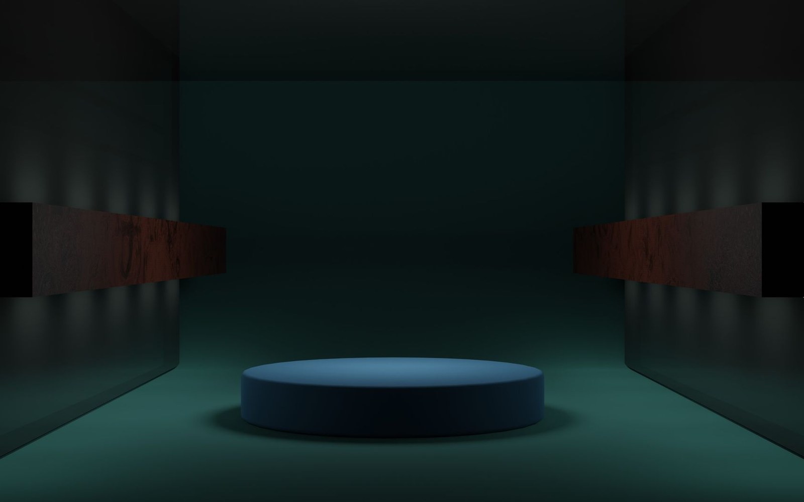 Empty blue cylindrical podium in a dark green room with wooden ledges on each side